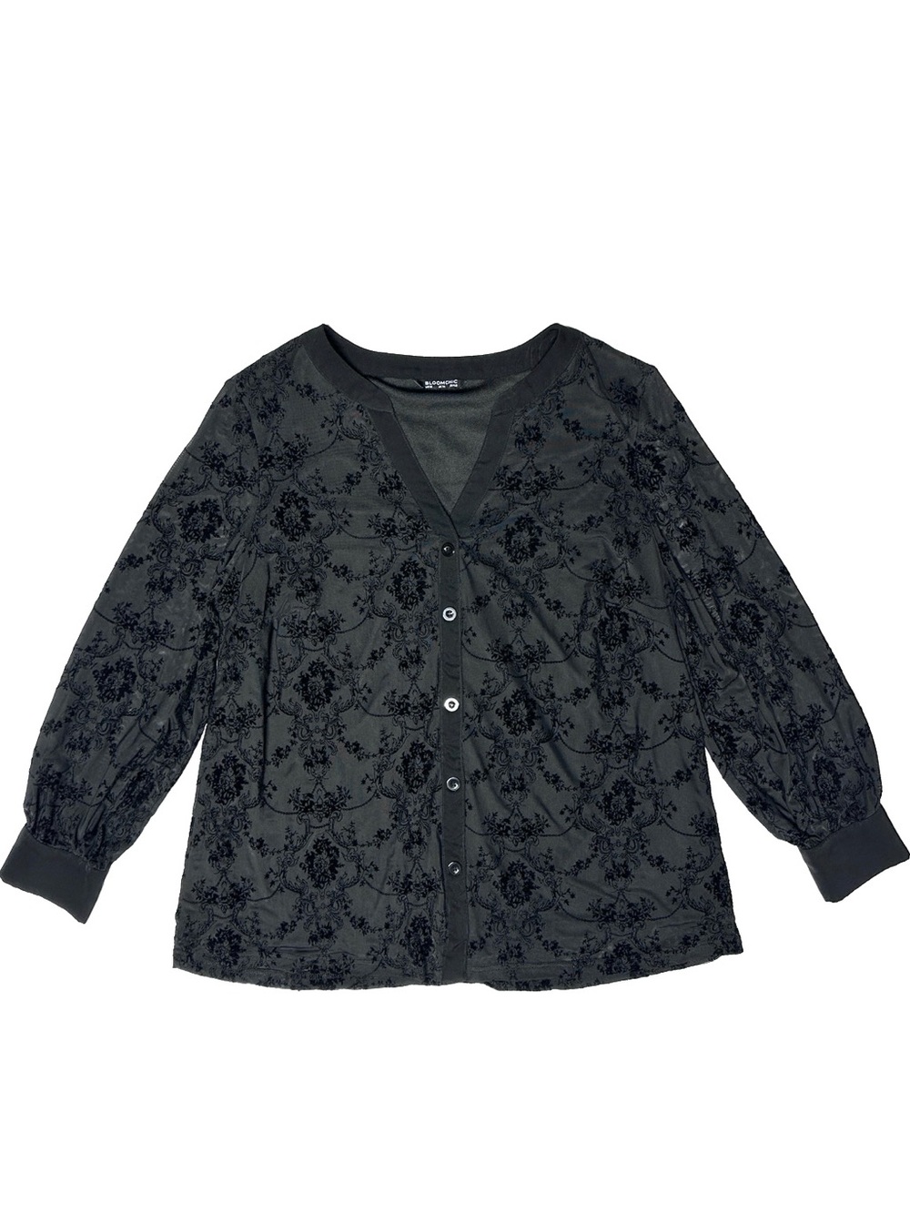 BloomChic Velvet Burnout Sheer Stretch Blouse Black Button Up Whimsygoth Sz 12